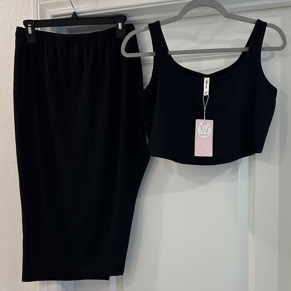 Black Ribbed Women's Two-Piece Skirt & Tank Set